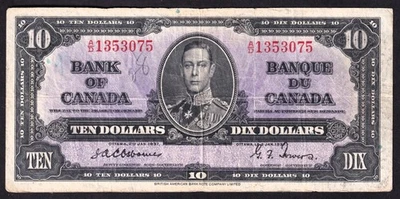 Canada 1937 $10 Ten Dollar Banknote Osbourne - Towers A/D 1353075 - Image 1 of 2