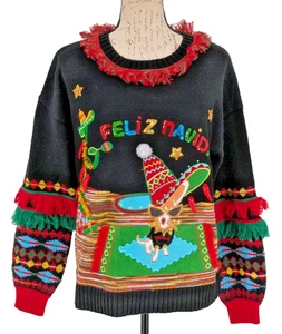 FELIZE NAVIDAD Sweater MED Black Embroidery Sequins Fringe Chili Peppers Dog - Picture 1 of 13