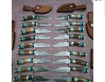 Lot of 20, 6 Inches Handmade Damascus Steel Skinner Knives Stag Handle W/Sheaths - Image 1 of 4