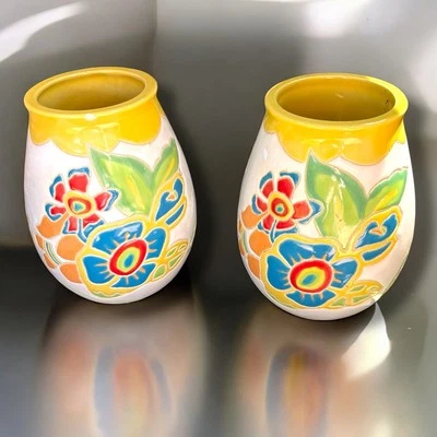 Set of 2 Anthropologie Bright Colorful Tropical Floral Ceramic Pottery Vases - Image 1 of 4