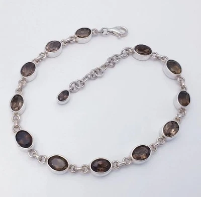 天然烟熏石英手链纯色 925 纯银手链女士礼物 — 第 1/3 张图片