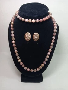 Vintage 16" Leopard Skin Jasper Stone Beaded Necklace And Earring Set - Picture 1 of 7