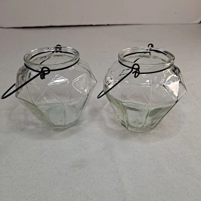 Clear Glass Prism Lanterns + Hanging Wires for Tea Lights or Candles Set Of 2 - Image 1 of 4
