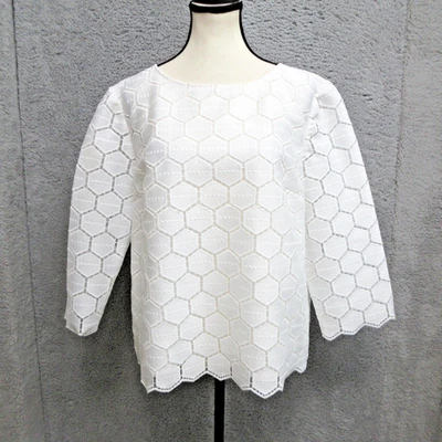 Blusa Anne Klein Mujer Talla 14 Blanca Hexagonal Encaje Texturizado Manga 3/4 Top Foto 1 de 4