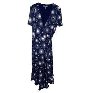 ModCloth Dress Womens Large Navy Blue Celestial Wrap Maxi Moon Star Print Flare - Picture 1 of 8