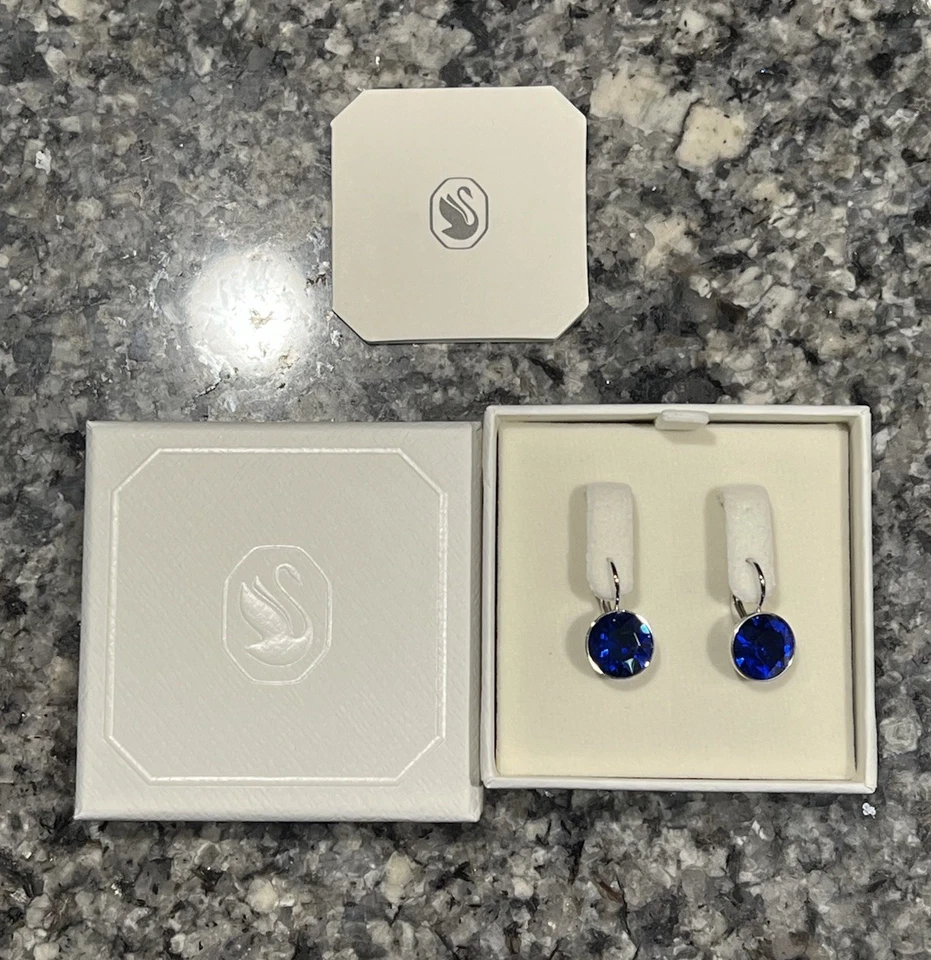 Swarovski BELLA Mini Drop Earrings Round Cut Blue Rhodium Plated 5724292