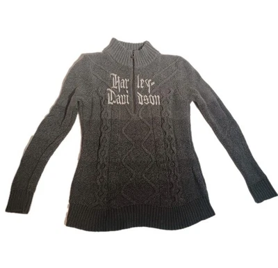 Harley Davidson женщин средний с надписью серый кабель трикотажа 1/4 молнии свитер мотоциклиста - Изображение 1 из 4