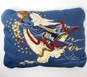 Vintage Needlepoint Embroidery Pillow Christmas Angel Blue Velvet Back Zipper 15 - Picture 1 of 13