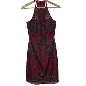 SHERRI HILL Maroon Size: 6 Beaded Halter Open Back Cocktail Homecoming Dress - Picture 1 of 9