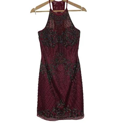 Vestido de fiesta SHERRI HILL granate talla: 6 cuentas halter espalda abierta cóctel Foto 1 de 4