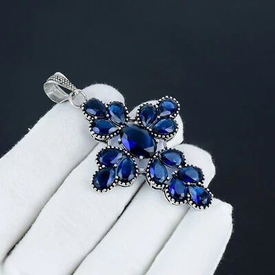 Zaffiro Blu Gemma a Mano 925 Pendente Argento Sterling Per Compleanno Regali - Immagine 1 di 4