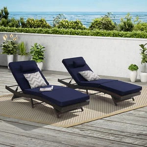 2 Set Outdoor Wicker Rattan Chaise Lounge Chair Adjustable Patio Chair Dark Blue - Picture 1 of 4