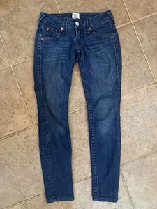 True Religion 25 Stella Low Rise Skinny Stretch Dark Blue Denim Jeans Stitching - Picture 1 of 13