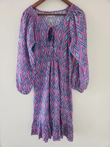 Naudic S Allora Zumi Bright Multicolour Pink/Blue Boho Long Sleeve Midi Dress - Picture 1 of 5