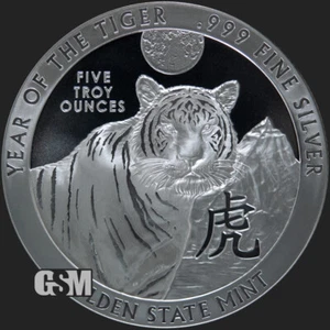 5 TROY OZ 999 FINE SILVER ROUND "Year of the Tiger" GSM - Picture 1 of 3