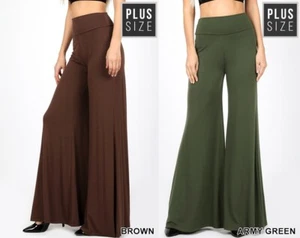 New PLUS SIZE HIGH WAIST ARMY OLIVE GREEN BROWN WIDE LEG PALAZZO PANTS 1X 2X 3X - Picture 1 of 3