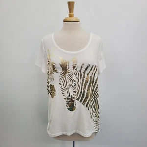 Chico's Zenergy Womens Zebra Graphic T-Shirt Size 2 Large White Gold Scoop Neck - Picture 1 of 13