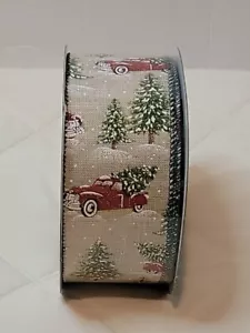 Kirkland Premium Little Red Truck Christmas Tree Wire Edge Ribbon 2.5" 50 Yard - Picture 1 of 3