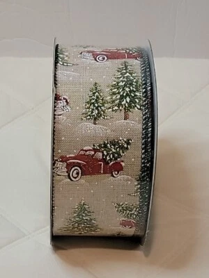 Kirkland Premium Little Red Truck Christmas Tree Wire Edge Ribbon 2.5" 50 Yard - Image 1 of 3