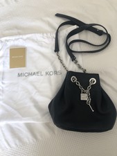 RARE Michael Kors Crossbody Mini Drawstring Bucket Bag, Black Leather, Silver
