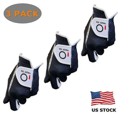 FINGER TEN Golf Glove Men Left Right Hand 3 Pack Value Black Gray Fit Soft Grip No Sweat Lh