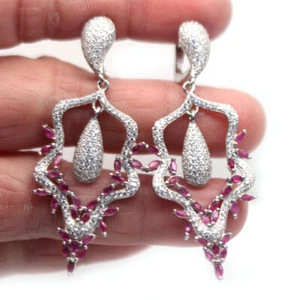Heated Pink Ruby & White Cubic Zirconia Earrings 925 Sterling Silver - Picture 1 of 4