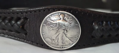 Black Genuine Leather 1943 Walking Liberty Half Dollar Western BS2292 Size 32 - Imagem 1 de 4
