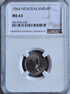 New Zealand 6 Pence 1964 NGC MS 63 - Picture 1 of 2