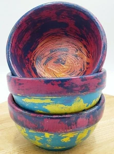 Bamboo Wood Bohemian Primitive Boho Upcycled Set of 3 Bowls Hand Painted - Picture 1 of 8