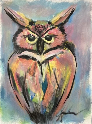 EXPRESIONISMO ABSTRACTO BÚHO "Give A Hoot" PINTURA ÚNICA 9 X 12 FIRMADA ORIGINAL  Foto 1 de 4