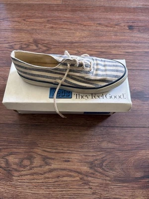 Vintage Keds Women’s Anchor Canvas Sneakers – Cream & Navy Stripe Size 7M w/ Box - Image 1 of 4