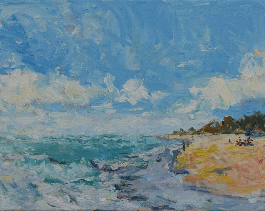 Kunst Orig Ölgemälde von RM Mortensen "A Blue Day" Küste Strand Ozean Himmel - Bild 1 von 1