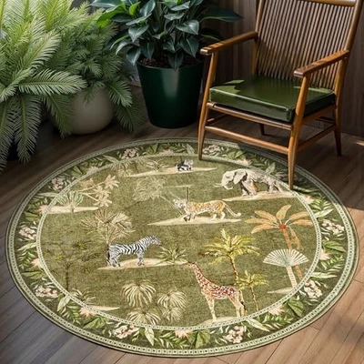  Alfombra Redonda 4 pies Estampado Animales de la Selva Verde, Lavable a Máquina 4' Círculo Moderno  Foto 1 de 4