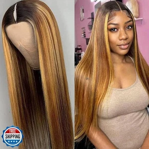 Pobokix Highlight Ombre V Part Wigs Human Hair Straight Balayage Blonde V Par - Picture 1 of 5
