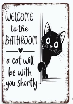 Funny Cat Bathroom Sign 8x12 Metal Wall Decor Retro Black Cat Gift House Humor - Image 1 of 4