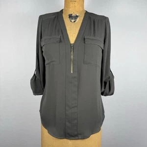 Express Portofino Zip Blouse XS Gray Roll Tab Sleeve V Neck Pocket Career Top - Picture 1 of 7