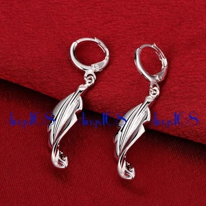 Designer Inspired 925 Sterling Silver Twisted-Leaf Small Hoop Dangle Earring E1R - Picture 1 of 2