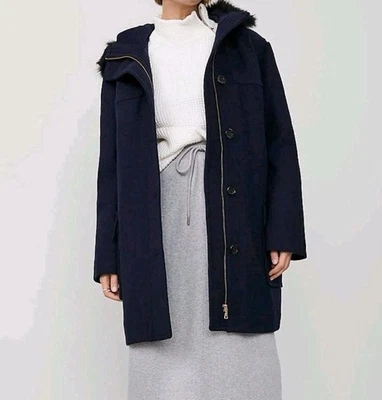 Abrigo de lona con capucha de piel sintética Ann Taylor Weekend AZUL MARINO NUEVO CON ETIQUETAS $258 MP Foto 1 de 4