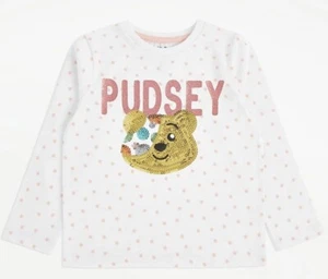 Pudsey Sequin Face White Glitter Long Sleeve Top T-shirt Spots SZ 5-6 6-7 & 7-8 - Picture 1 of 3