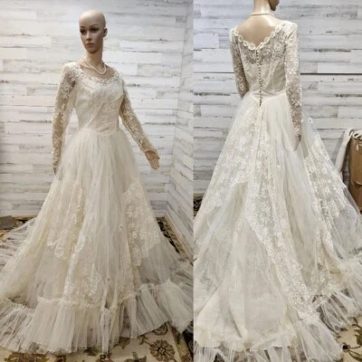 1950's Boho Wedding Dress Butter Cream Wide Train Fairytale Bridal Dress - Image 1 of 4