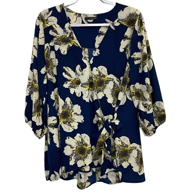 West Kei Stitch Fix Faux Wrap Blouse Navy Blue Women's Size 1X Floral Top Blouse - Image 1 of 4
