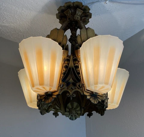 1930s Beardslee-Williamson  Art Deco 5 Light Slip Shade flush mount Fixture Cover
