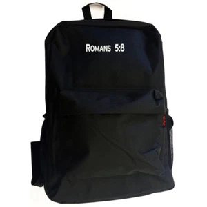 Christian Catholic Bible Verses Romans 5:8 Jesus Black Backpack Bag Hipster - Picture 1 of 3