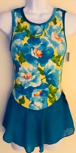 GK ICE FIGURE SKATE ADULT SMALL SLVLS MATTE TRICOT TURQ FLORAL PRINT DRESS Sz AS - Picture 1 of 10