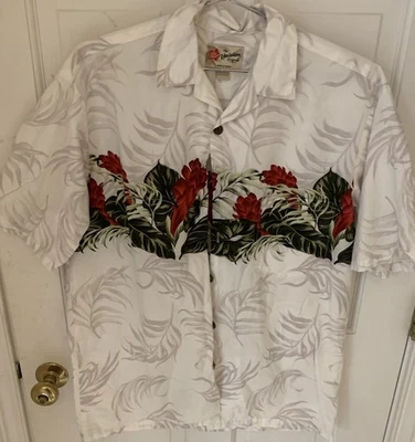 Camisa masculina original havaiana Hilo Hattie média botão para cima floral branca vermelha muito bom estado usado - Imagem 1 de 4