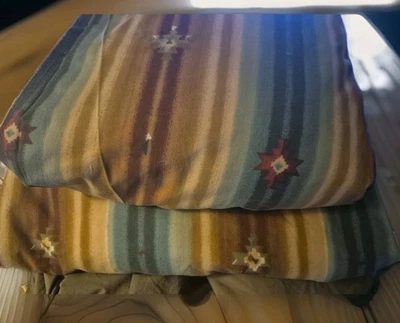 Vintage King FITTED & FLAT Sheet Zuni Southwest Stripes 80s Aqua Browns Burgundy - Image 1 of 4