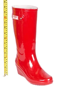 Rain Boots Womens Size 10 Red Wedge Heel Waterproof Rubber Tall Glossy Shoes - Picture 1 of 7