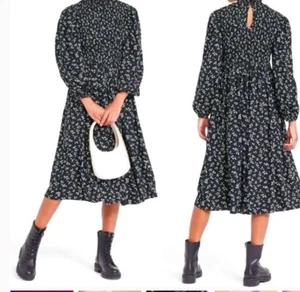 A New Day Black Dot Ditsy Floral Print Smocked Midi Dress SZ SMALL - Picture 1 of 5