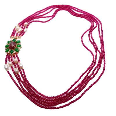 Collar de 5 hebras de cristal rojo blanco y perlas verde jade fresa cierre de cuarzo Foto 1 de 4