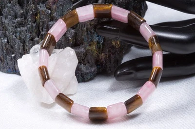 Edelstein Armband Rosenquarz und Tigerauge | ca. 11mm flaches Rechteckarmband - Bild 1 von 2